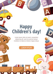 Happy Childrens day design template. Set of colorful wooden kids toys, cars, trains, building blocks.