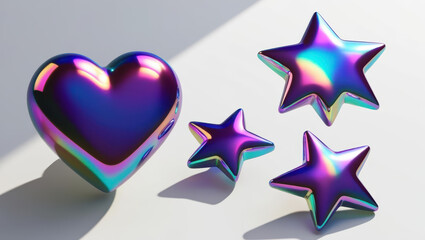 Vibrant iridescent heart and stars in purple and blue hues on white background