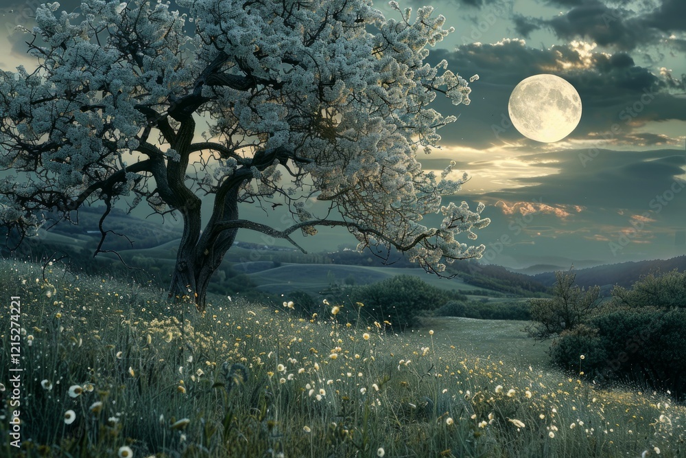 Poster scenic view of a flowering tree in a field of wildflowers under the full moon, creating a serene and