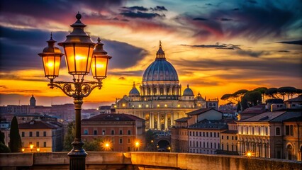 Fototapeta premium Roman Night: Street Lamp near Vatican City, Illuminated Cityscape