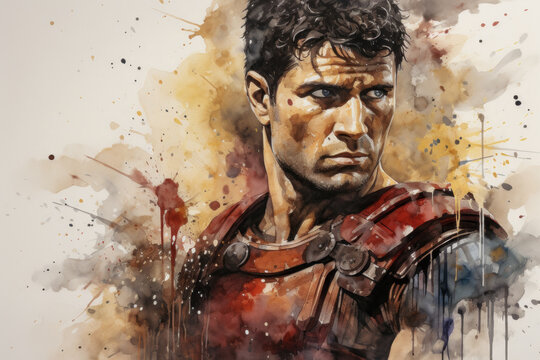 Portrait of a fierce Thracian gladiator in battle-worn armor