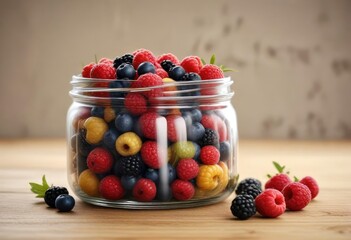 Colorful mixed berries in a small glass jar with a wide mouth and a simple wooden lid, canning supplies , healthy eating, fruit preservation