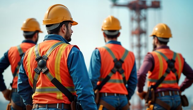 Construction workers wear safety vests, helmets. Receiving training on fall protection procedures. Visible fall arrest systems, safety harnesses. Workers focused on learning safety protocols outdoors