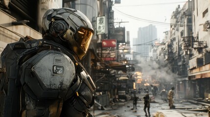 Fototapeta premium Futuristic Soldier in Armor Looking at a City Street With Smoke and Distant Figures