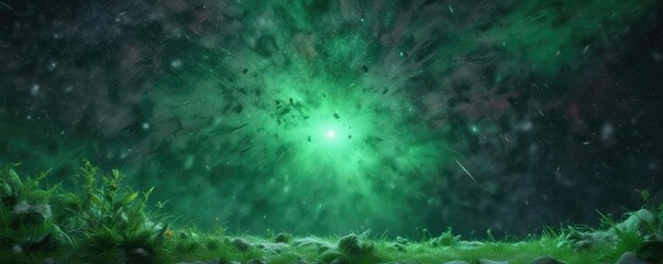 Obraz premium Cosmic snowfall against a vibrant green background, cosmic, space