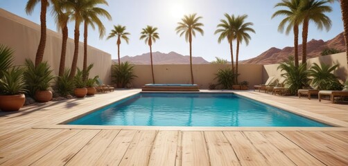 Obraz premium Desert pool with a deck and palm trees in the background, desert pools, decks
