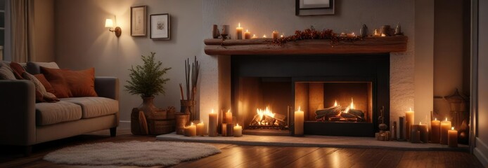 Cozy living room with a crackling fireplace and cinnamon-scented candles, warm glow, autumnal elements