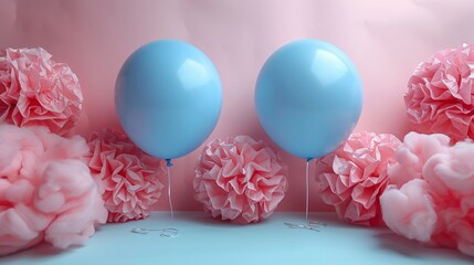 Beautiful popped blue colored balloon placed near some pink paper flower displayed in front of pink wall