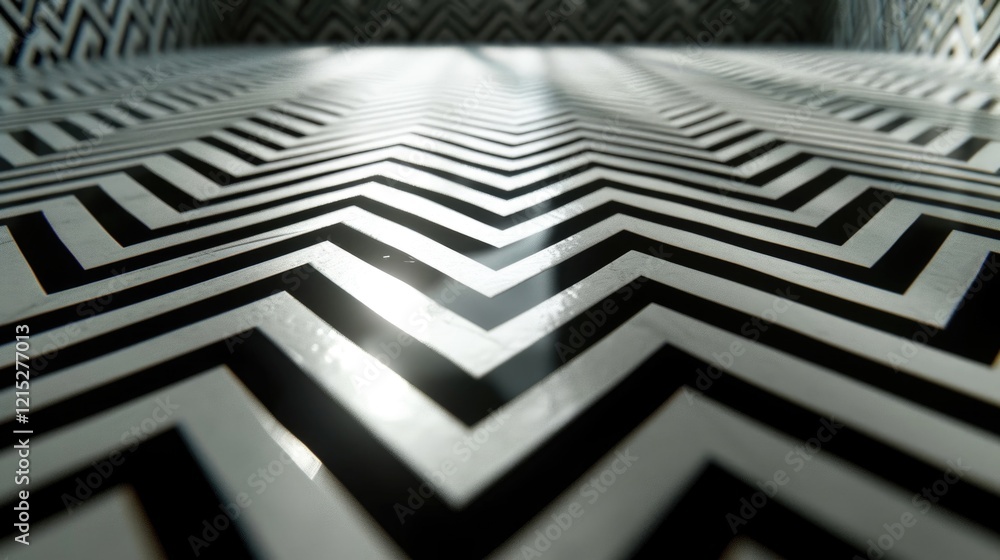 Poster a black and white checkered floor with a zigzag pattern. the checkered pattern is very prominent and