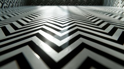 A black and white checkered floor with a zigzag pattern. The checkered pattern is very prominent and the floor is shiny