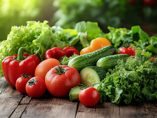 Fresh vegetables arranged on a wooden table display