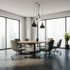 Fototapeta premium Modern industrial office, sleek conference room, large wooden table, ergonomic chairs, hanging black pendant lights, floor-to-ceiling windows, concrete floor, exposed ceiling, minimalist design, urban