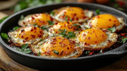 Sunny-side eggs skillet, herbs, spices, kitchen