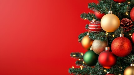 Christmas tree decorated with red and gold ornaments in a festive setting