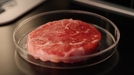 A piece of meat is in a clear container. The meat is red and he is raw