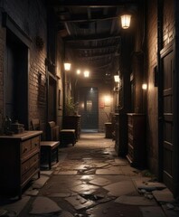 Dark alleyway with dim lighting and old furniture, light, neglect