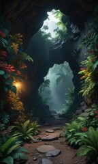 Dark cave entrance amidst dense jungle foliage, overgrown vegetation, entrance, foliage