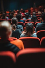 Attentive audience in theater seats during a performance.