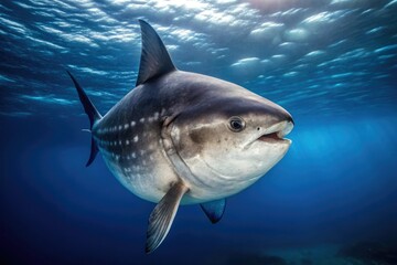 Fototapeta premium Dark grey and white striped mola mola swimming in the open ocean, pelagic fish, ocean creature, marine animal, giant squid lookalike
