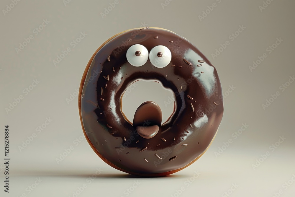 Poster chocolate donut is showing surprise, creating a fun and playful image with googly eyes and open mout