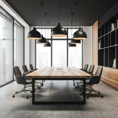 Modern industrial office, sleek conference room, large wooden table, ergonomic chairs, hanging black pendant lights, floor-to-ceiling windows, concrete floor, exposed ceiling, minimalist design, urban