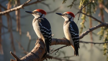 Fototapeta premium Elegant white backed woodpecker resting on a tree branch in the early morning light of springtime, woodland creatures, early morning, light