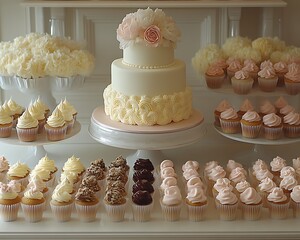 Elegant wedding cake and cupcake display.