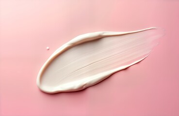 Close up view of light beige cosmetic cream smudge on pink backdrop. Cream shows smooth texture with subtle lines, drips. Modern cosmetic product. Abstract beauty concept. Skincare concept. Cosmetic