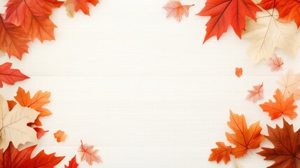 Autumnal Maple Leaves Border on White Wooden Background.