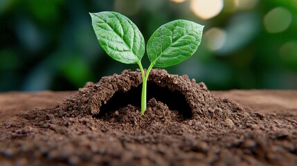 Fototapeta premium Small green plant emerging from soil with fresh leaves and roots visible in natural environment
