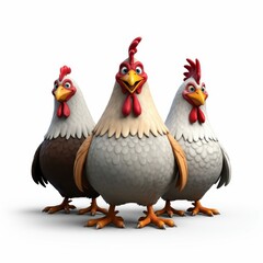 Fototapeta premium Cartoon rooster, stylized farm animal, plump body, colorful feathers, red comb and wattles, expressive eyes, white neck feathers, brown and black plumage, orange feet, 3D rendering, digital art, vibra
