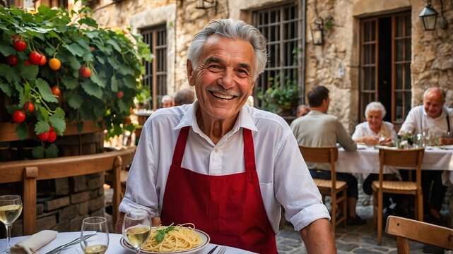 Elderly Italian waiter smiles warmly, serving delicious pasta in charming outdoor cafe filled with laughter and joy under the warm sun