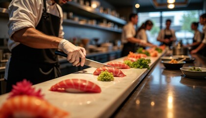 Fototapeta premium Sushi chefs preparing sushi in a modern restaurant with fresh ingredients and plated dishes 