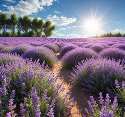 Obraz premium Field of lavender flowers under a clear blue sky with a bright sun shining down , garden, field