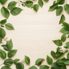 Spring Green Leaves and White Flowers Frame on Light Wooden Background