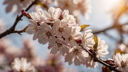 Obraz premium Close-up of cherry blossoms in full bloom on a sunny day with clear blue sky