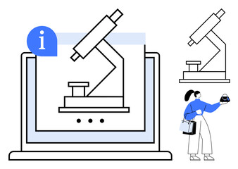 Microscope on a laptop screen with an information icon, person holding a globe and shopping bags. Ideal for education, science, e-learning, research, online classes, digital knowledge, technology