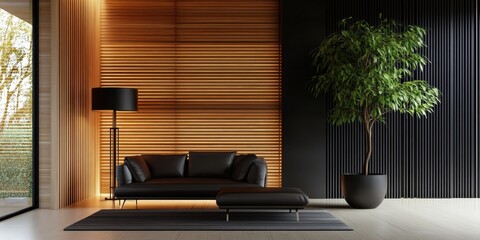 Modern living room with leather sofa, floor lamp, potted plant, and wooden accent wall