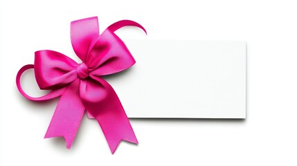Pink Ribbon Bow on White Card - Elegant pink satin ribbon bow tied on a blank white card, perfect for gift tags or invitations.