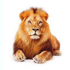 Obraz premium Majestic Male African Lion Lying Down, Isolated on White Background.