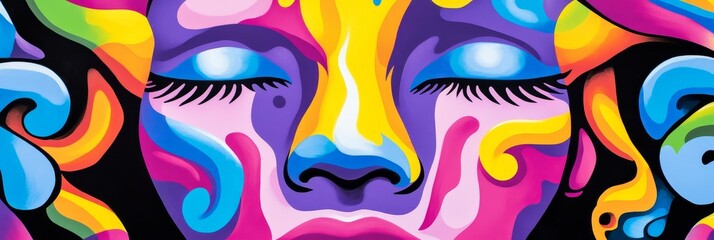 A Vibrant Abstract Face in Rainbow Hues - Symbolizing serenity, imagination, energy, expression, and inner peace, this vibrant abstract artwork depicts a face with closed eyes,  in a kaleidoscope of r