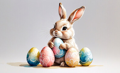 Adorable Easter bunny with easter eggs, isolated watercolor illustration.