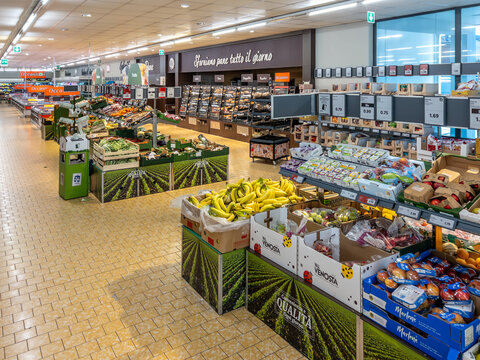 Fossano, Italy - March 13, 2024: fruit and vegetable and bakery department of LIDL discount supermarket