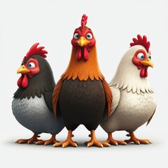 Fototapeta premium Cartoon rooster, stylized farm animal, plump body, colorful feathers, red comb and wattles, expressive eyes, white neck feathers, brown and black plumage, orange feet, 3D rendering, digital art, vibra