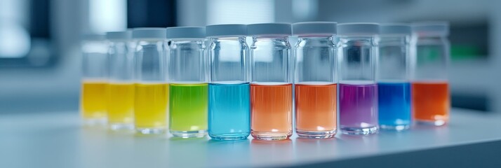 Colorful Liquid Samples in Lab Jars - A row of glass jars filled with vibrant colored liquids sits on a lab bench.  A science experiment in progress.