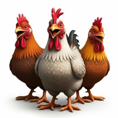 Fototapeta premium Cartoon rooster, stylized farm animal, plump body, colorful feathers, red comb and wattles, expressive eyes, white neck feathers, brown and black plumage, orange feet, 3D rendering, digital art, vibra