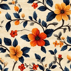 Seamless Floral Pattern with Orange and Yellow Flowers on Beige Background.