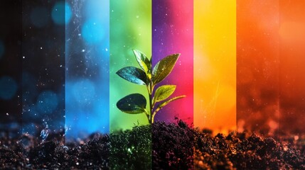 A time lapse of a plant growing through different colorful filters in a vertical collage