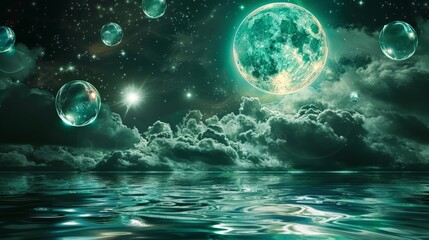 Surreal Nightscape with Floating Orbs and Reflective Water