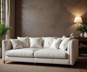 Elegant white throw pillow on a leather sofa in a luxurious setting, elegant, luxurious, stylish, home decor, leather sofa